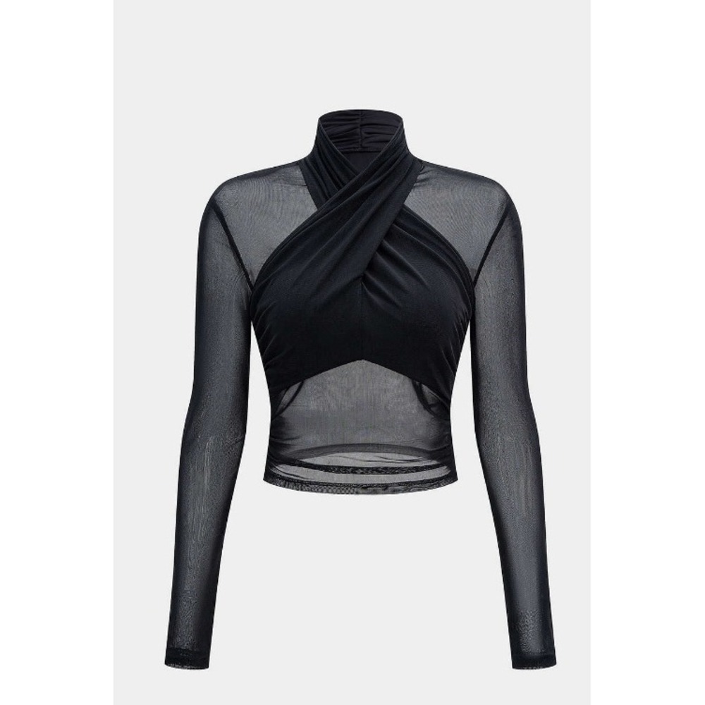 MICAS Black Mesh Sheer Ruched Long Sleeve Crossover Mock Neck Top L